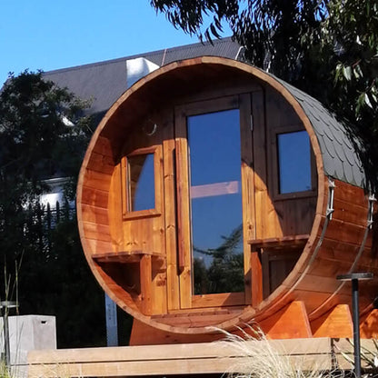 Barrel Sauna, Round Sauna, Custom Sauna, Wood Sauna, Banya Barrel Sauna, double window sauna, outdoor barrel sauna