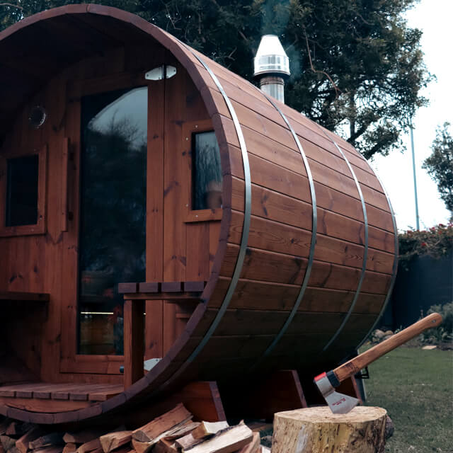 Barrel Sauna, Round Sauna, Custom Sauna, Wood Sauna, Banya Barrel Sauna, double window sauna, outdoor barrel sauna