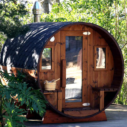 Barrel Sauna, Round Sauna, Custom Sauna, Wood Sauna, Banya Barrel Sauna, double window sauna, outdoor barrel sauna