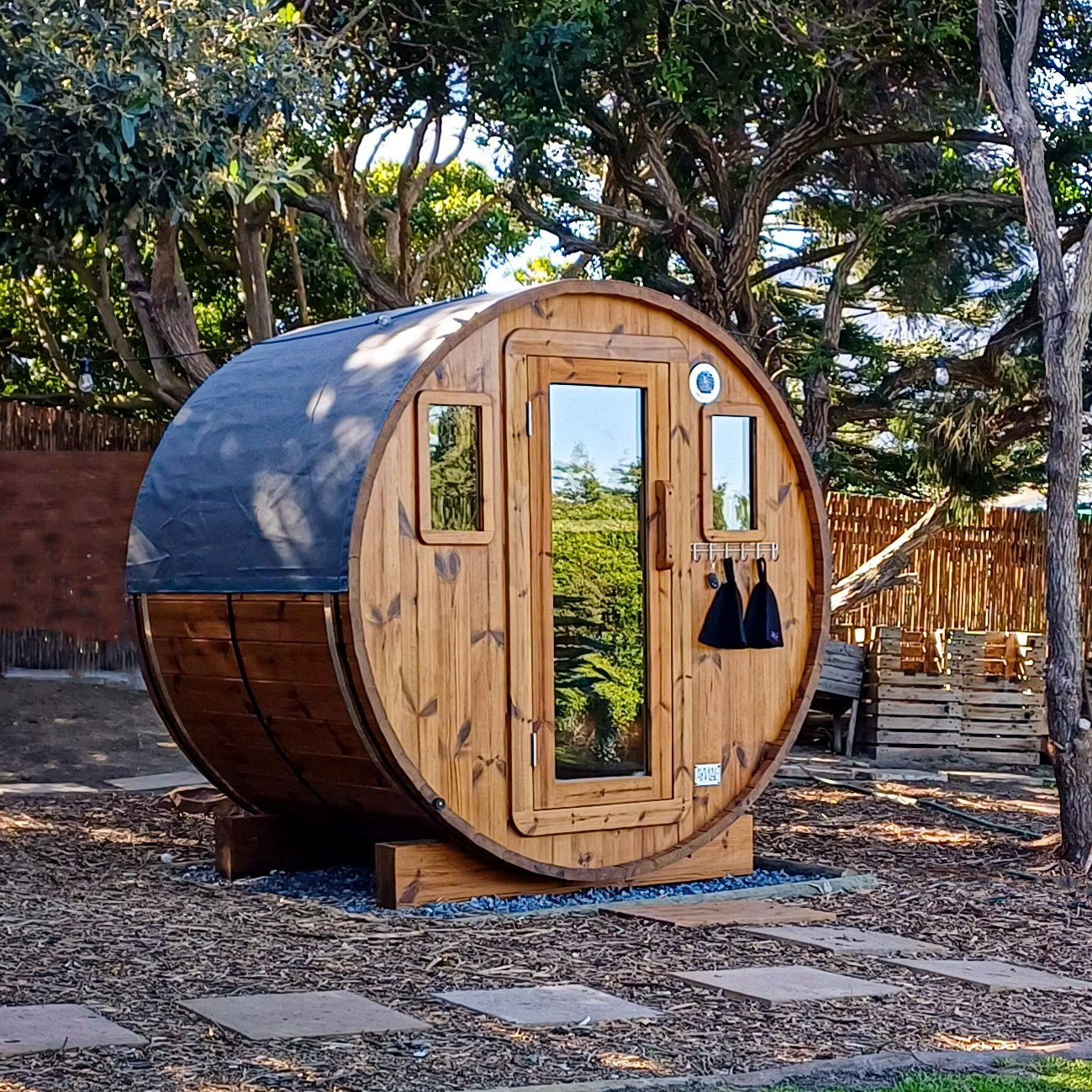 The team installing a sauna on site
