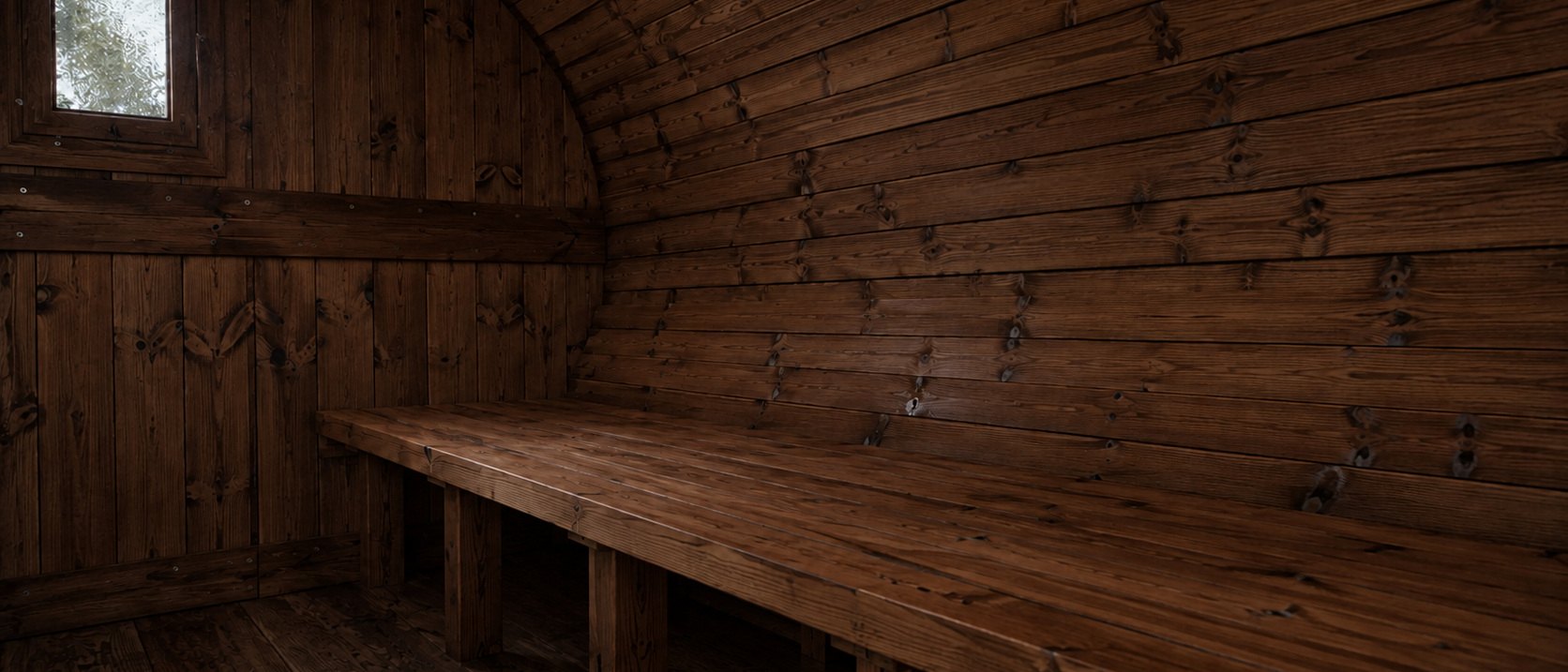 Inside a BANYA sauna, benches and timber lining