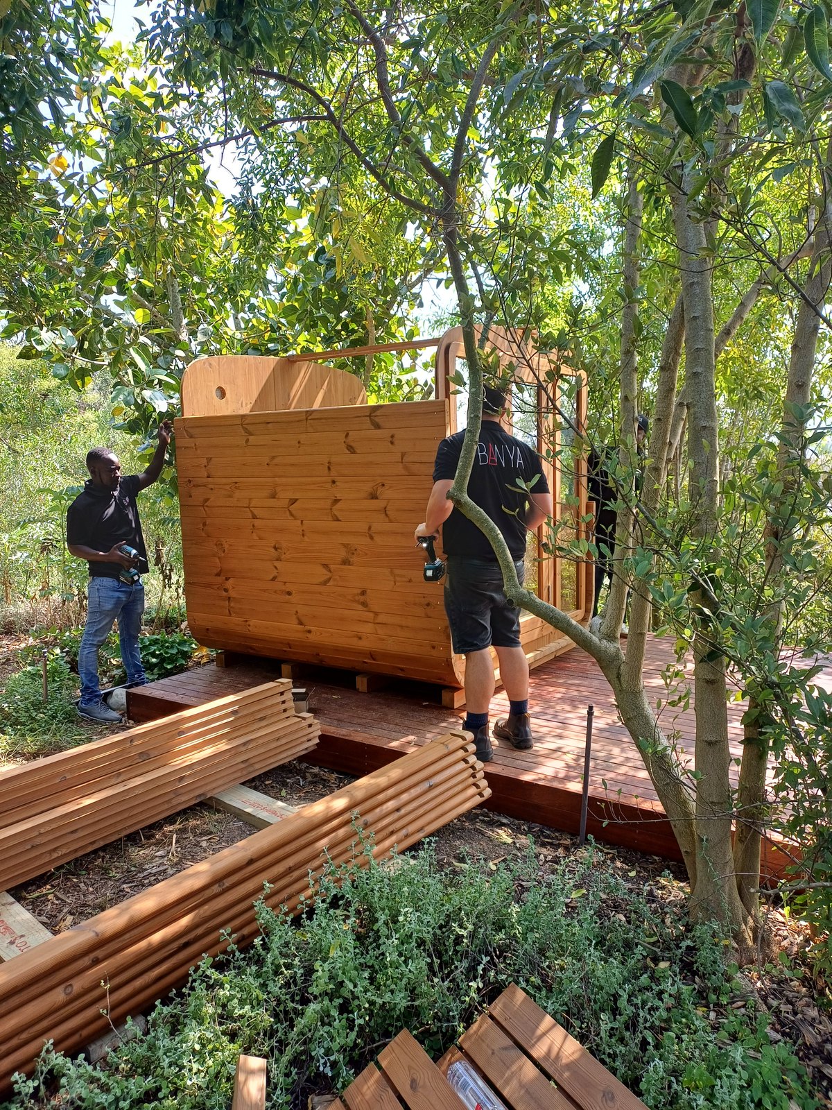 A BANYA sauna being built by hand at sunset