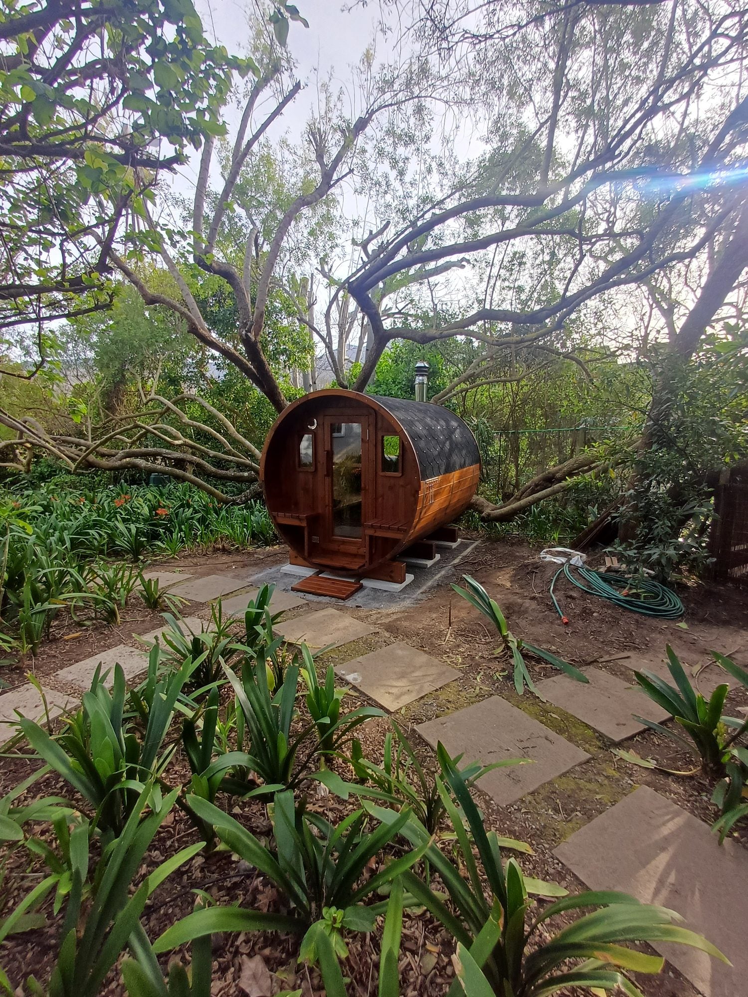 The finished sauna, seen along the path