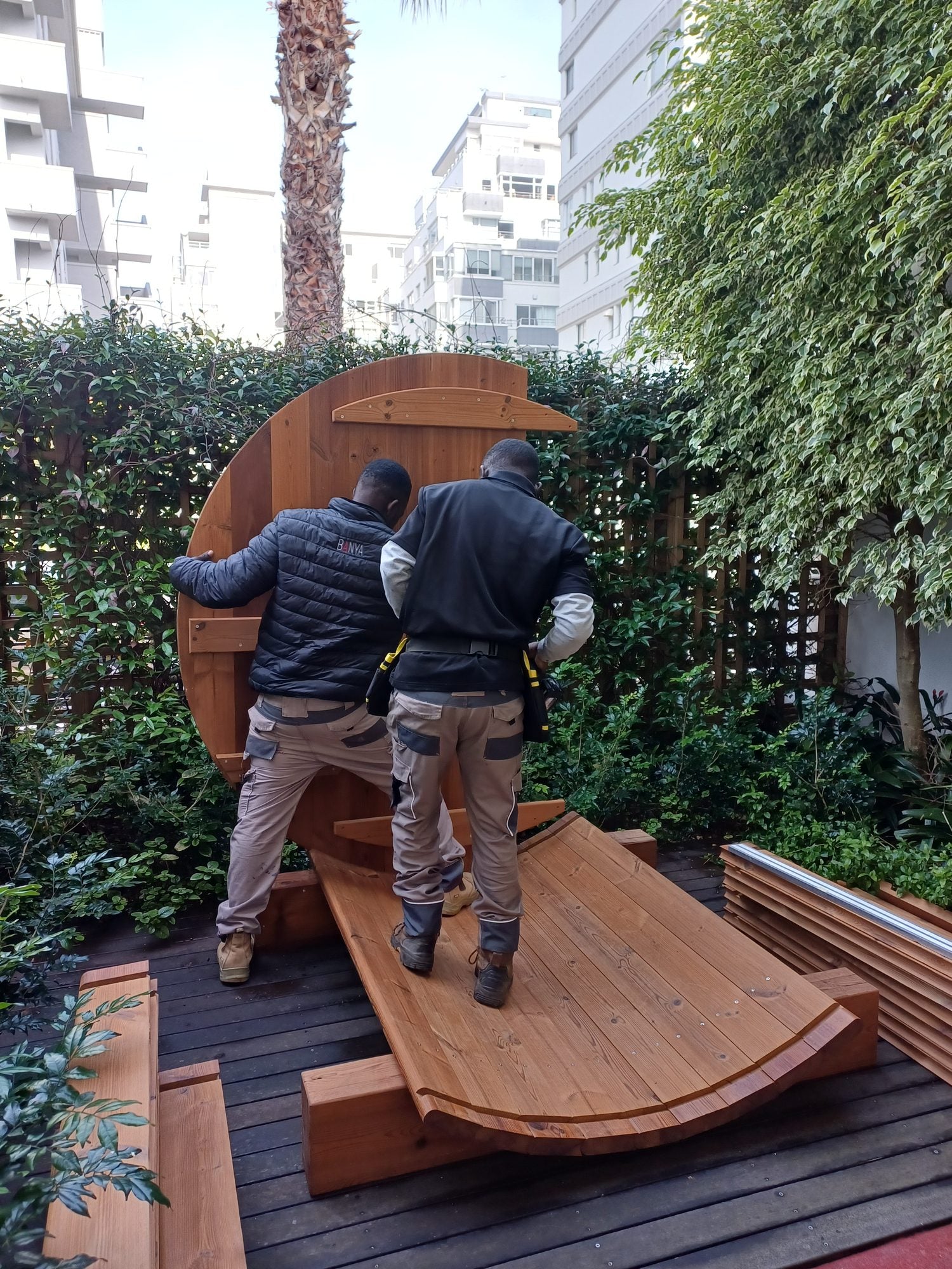 The installation under way on the hotel deck